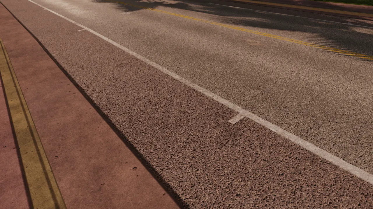 The same road and pavement with the texture pack: every grain of the asphalt and a raised kerb