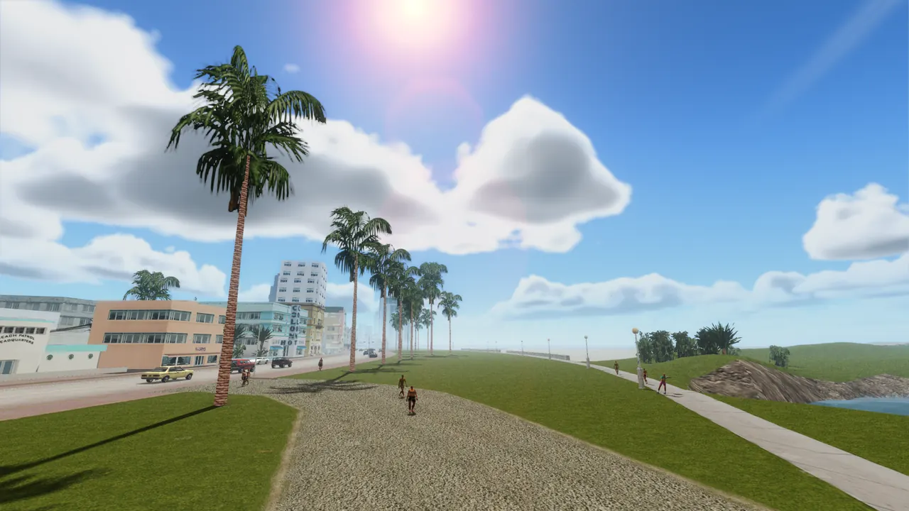 Ocean Beach in ImmersiveVC Lite: the new lighting, sky and shadows on the game's own palm trees, grass and textures